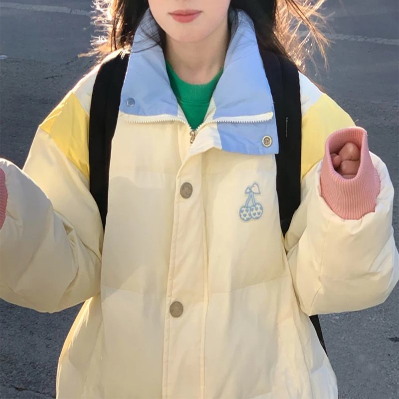 多巴胺樱桃刺绣撞色立领棉衣棉服女冬季新款学院风宽松面包服外套