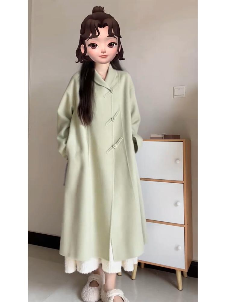 新中式国风复古盘扣绿色呢子大衣中长款高级感毛呢外套女秋冬季