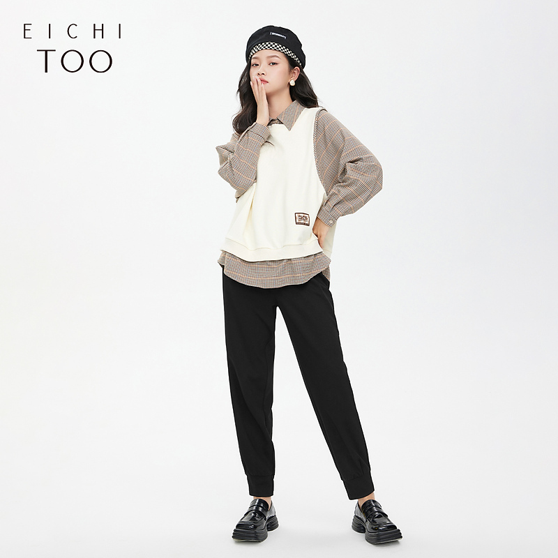 【慧姐专属】011爱居兔黑色肌理感螺纹脚口休闲哈伦裤EKCAJ3M002A