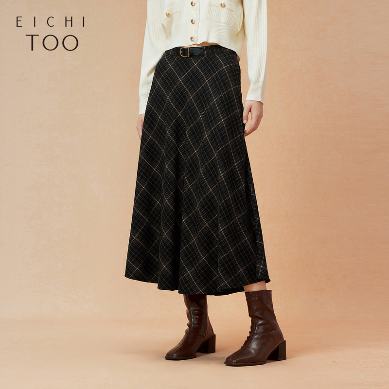 A爱居兔秋季新款学院风格纹直筒显瘦中长裙EQDDJ3P016A