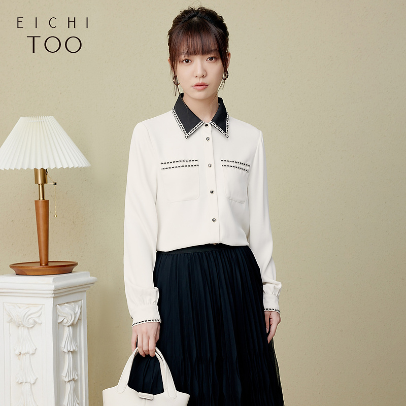 A爱居兔春季经典黑白拼接小香风长袖衬衫ENEAJ1P010A