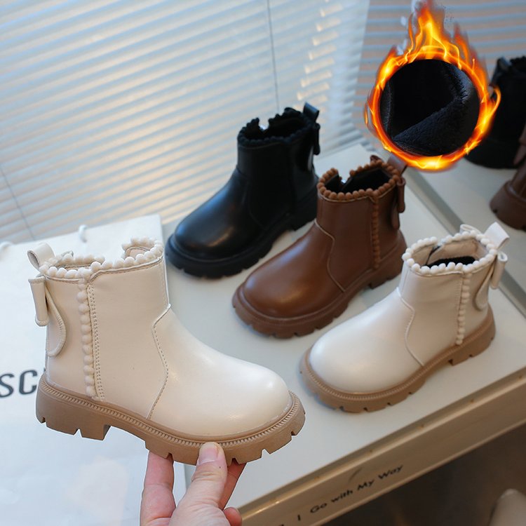 皮靴平底车缝线侧拉链时装靴橡胶低筒超纤皮冬季岁儿童