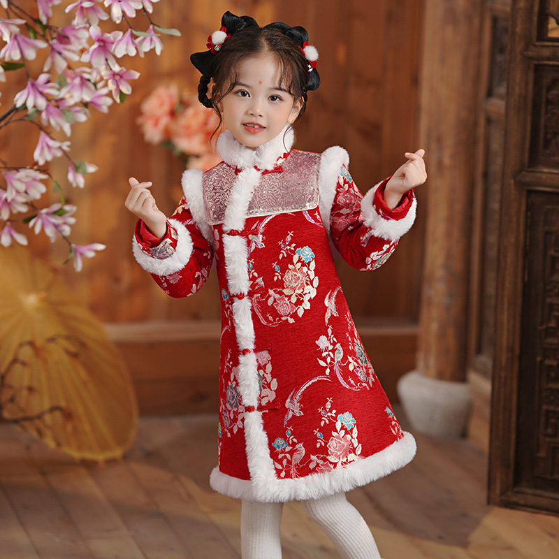 儿童连衣裙冬汉服女童加厚女孩旗袍国风唐装新款公主裙拜年服