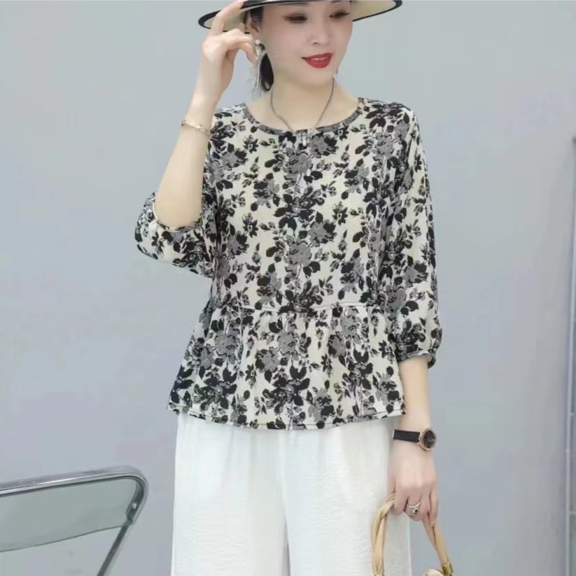 【气质长袖牡丹花】时尚气质秋季新款宽松洋气小衫百搭碎花上衣6797