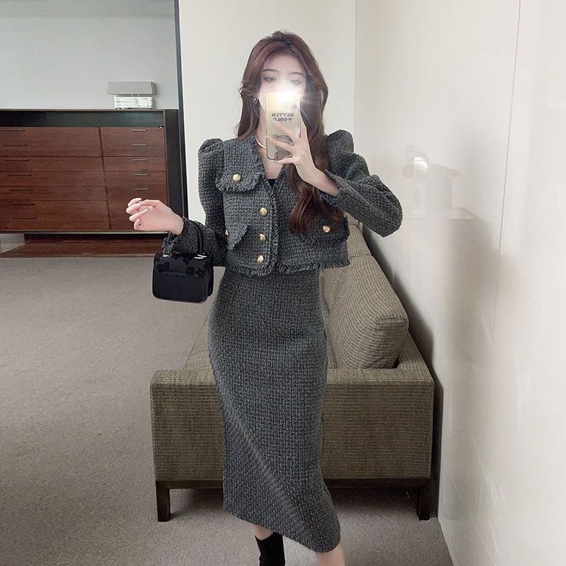 小香风套装女韩版设计感洋气显瘦短款外套法式气质长裙时尚两件套