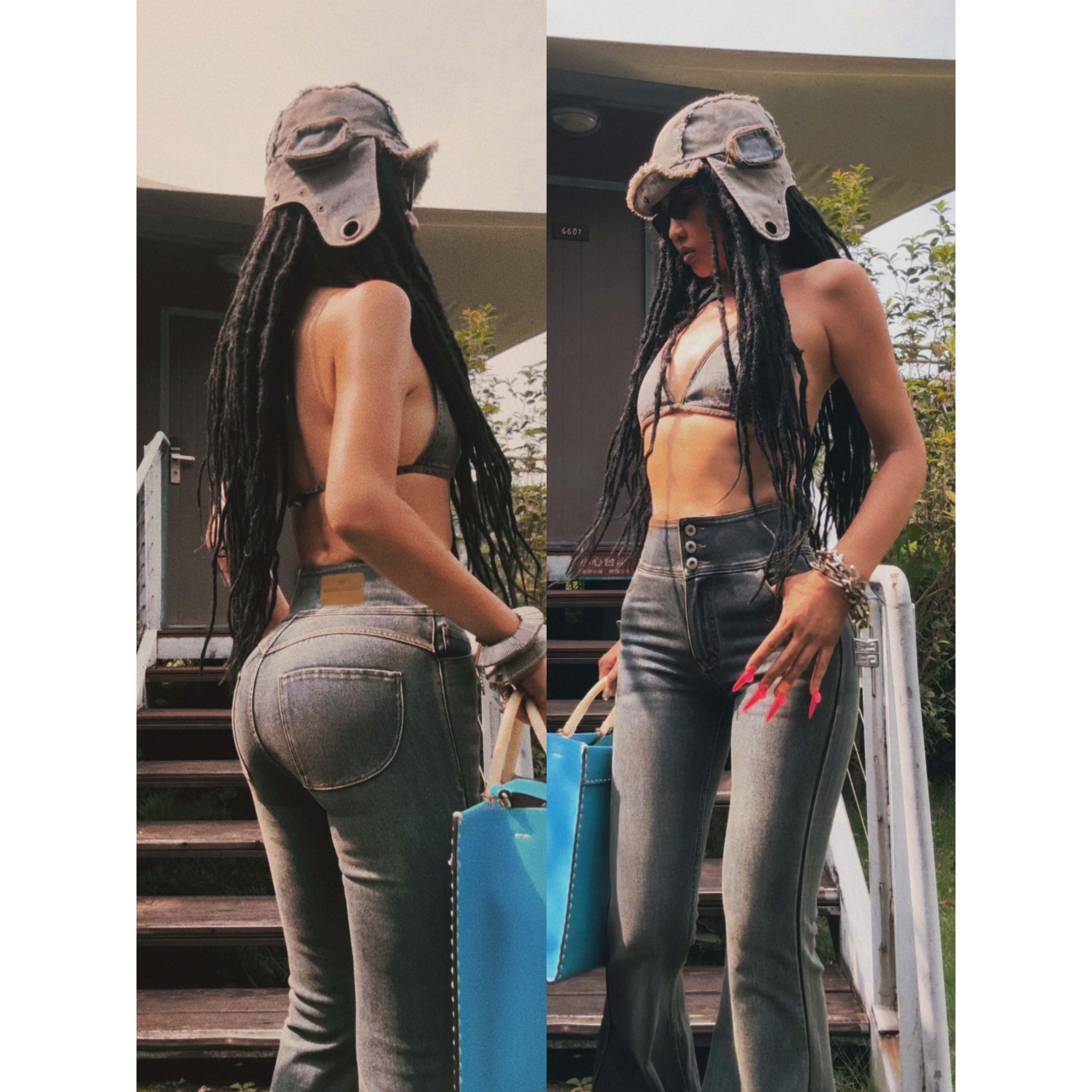 【怀旧蓝3粒扣大喇叭】AOAOMISSSHOP鳌鳌家牛仔蜜桃裤60-1