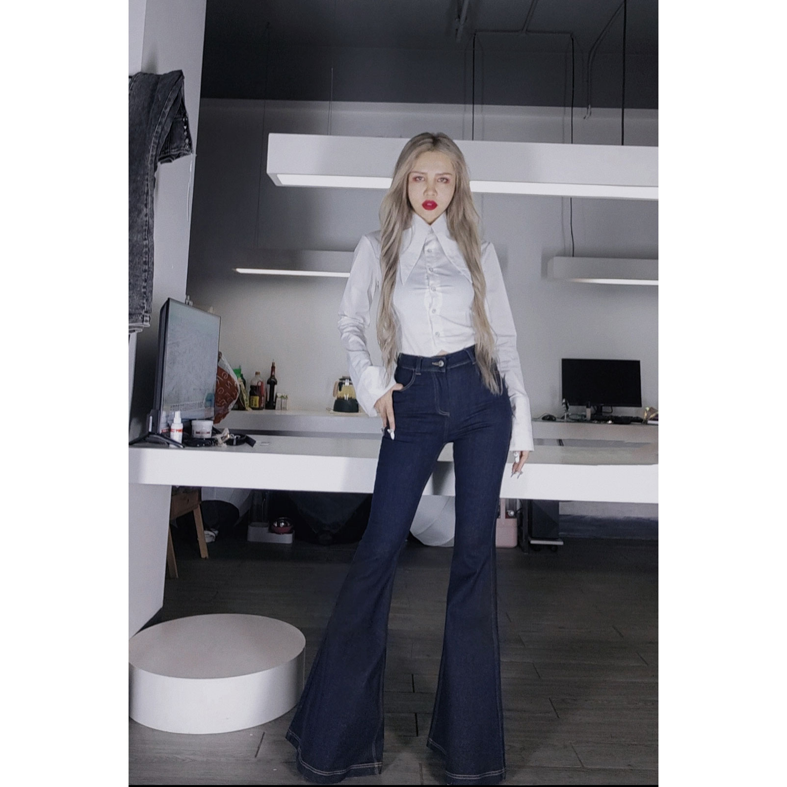 加绒【深蓝色牛仔大喇叭】AOAOMISSSHOP鳌鳌家不易掉色裤女57-2