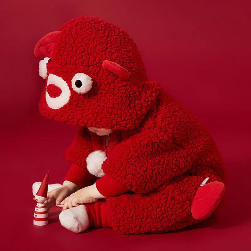 【冬季大促】婴儿连体衣冬季中国风宝宝红色连体衣超萌保暖羊羔