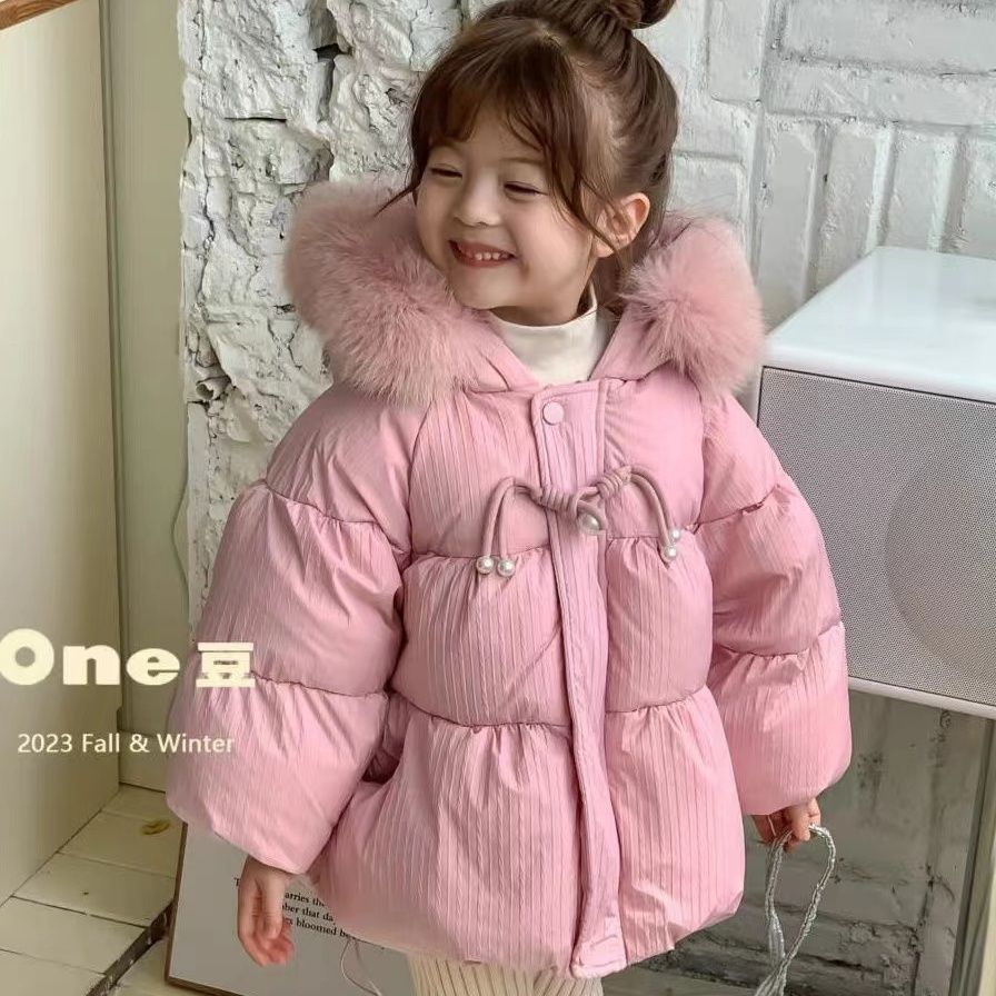 巴拉甄选韩版女童收腰大毛领棉服冬款女宝连帽面包服2023新款公主