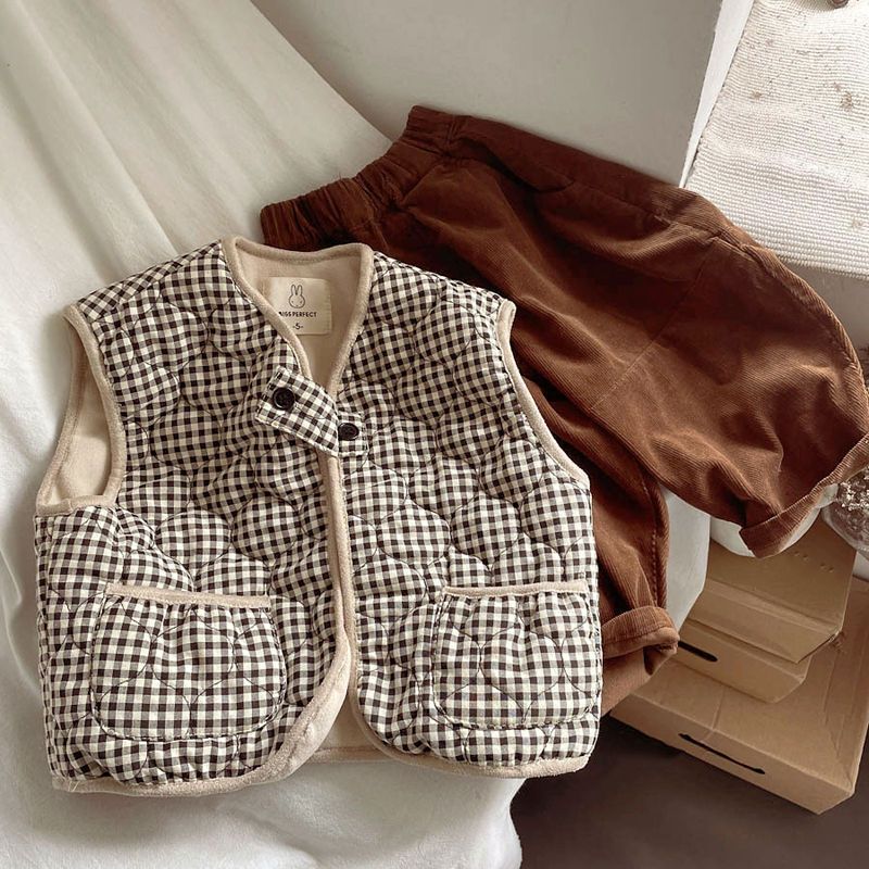 【小扬哥推荐】可爱好气质~黑色细格子夹棉马甲 男女儿童格子马夹