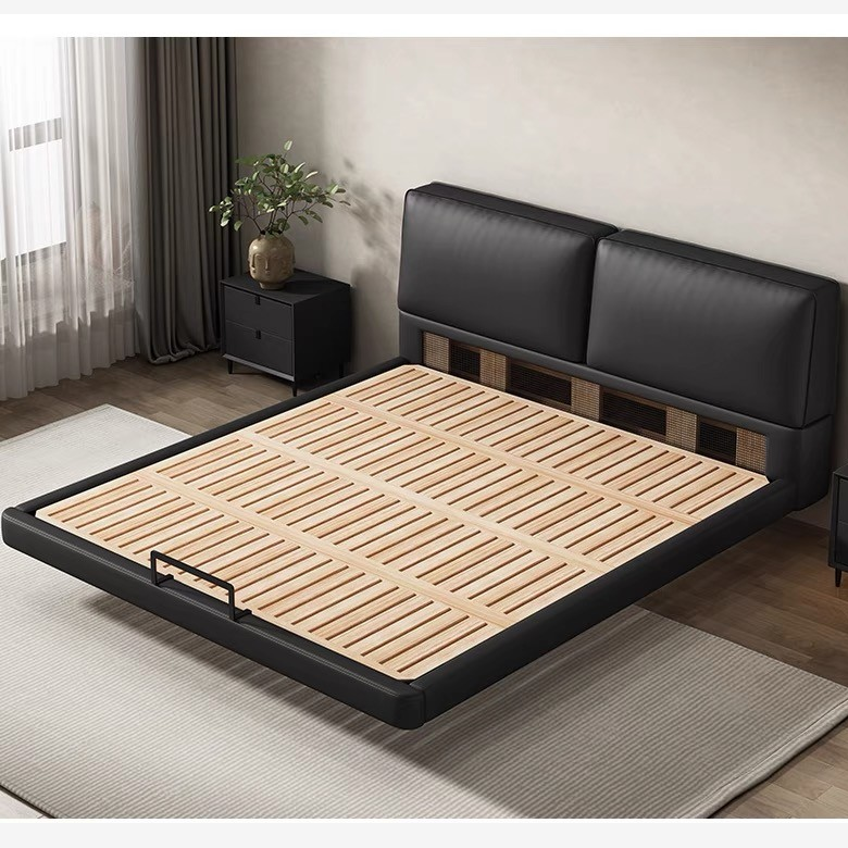 意式极简大黑牛进口头层小黄牛皮榉木榫卯结构悬浮床简约主卧床