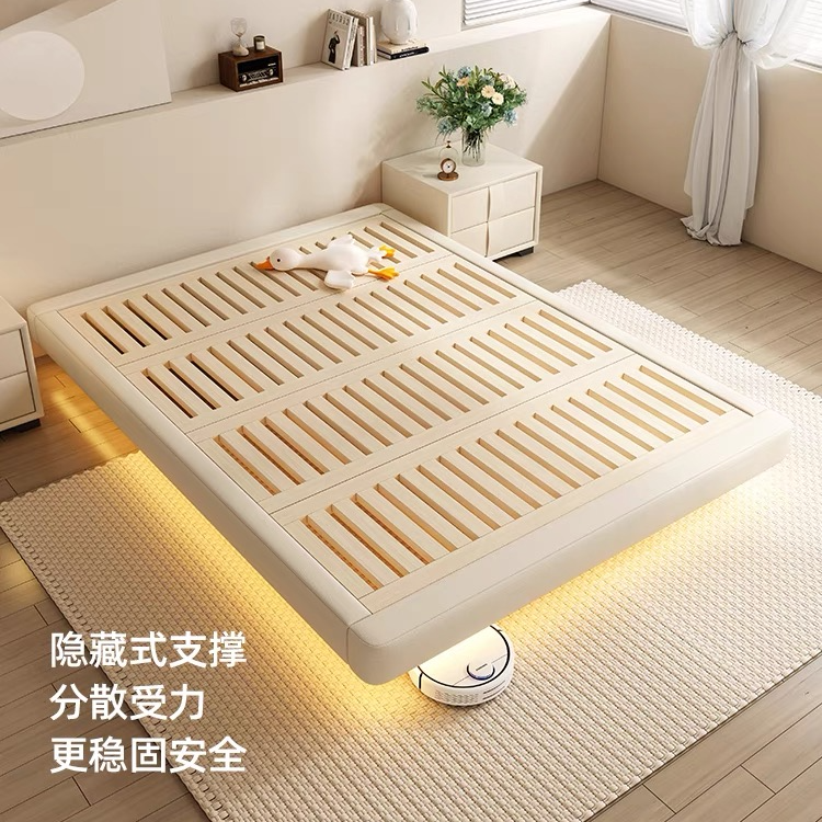 无床头榉木榫卯结构带感应灯带悬浮床双人主卧次卧床