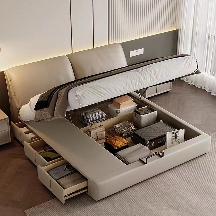 可调节靠背带抽屉收纳储物高箱床头层牛皮意式极简大象耳朵主卧床