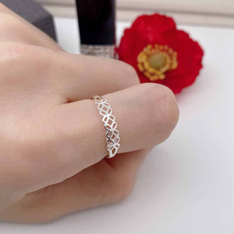 足银戒指 足银990【开口四叶草女戒】简约时尚镂空可调节