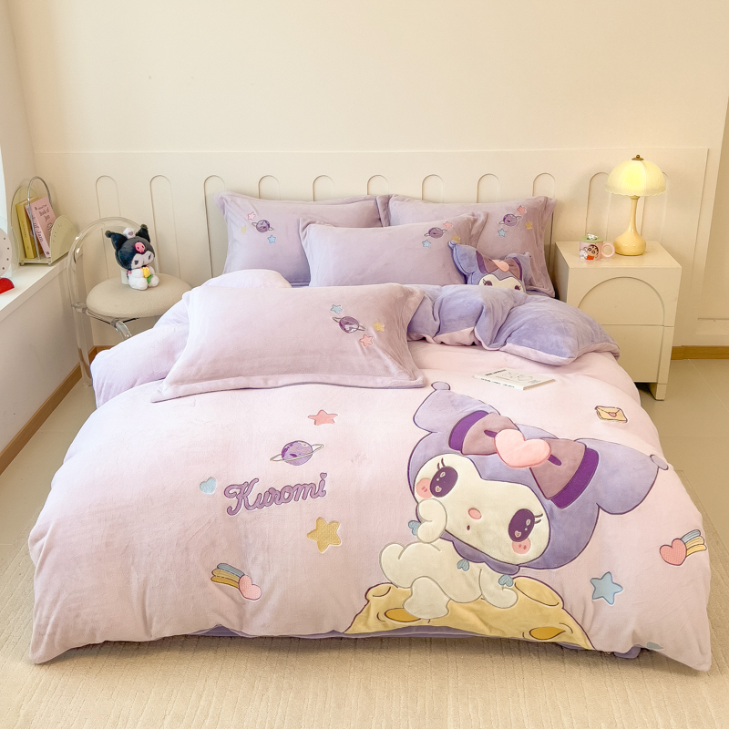 库洛米-卡通双面绒加厚保暖贴布绣花儿童可爱女孩四件套秋冬床品