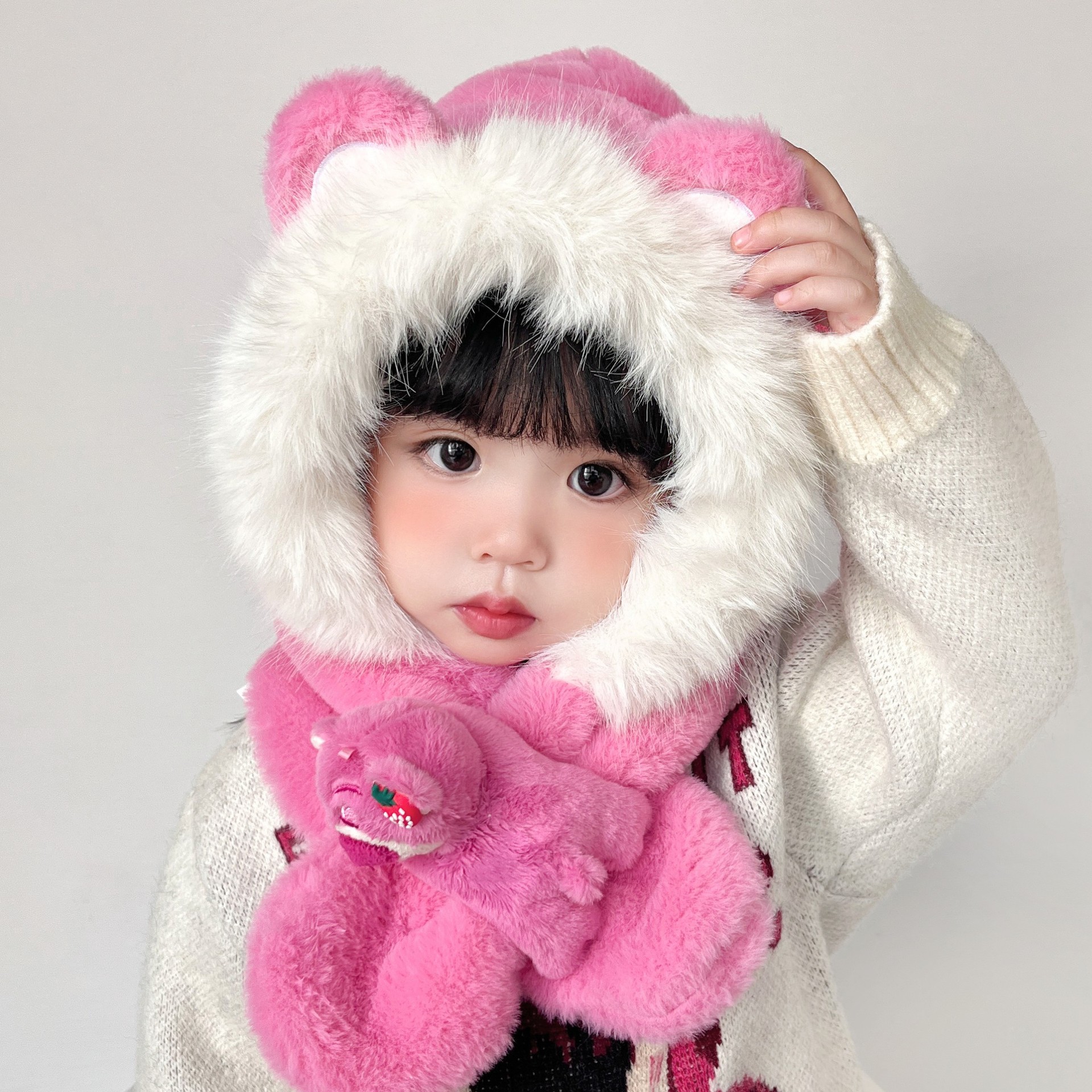 韩版秋冬季加厚儿童帽子围巾一体帽加绒宝宝护耳帽保暖女童毛绒帽