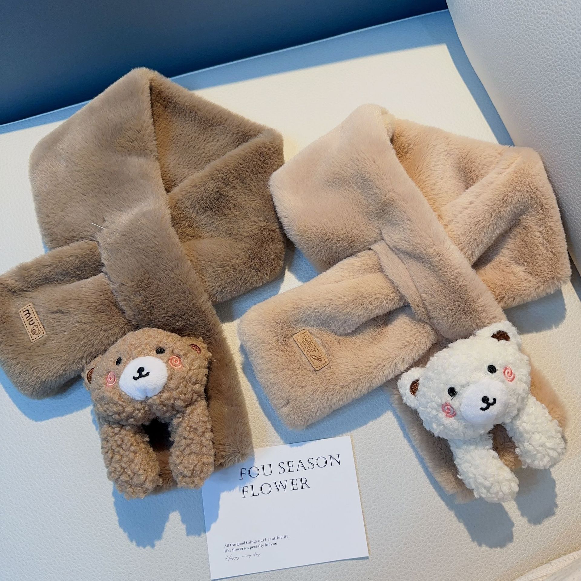 秋冬款男童女童韩版小熊毛绒围脖男女宝宝保暖围巾加厚儿童围巾