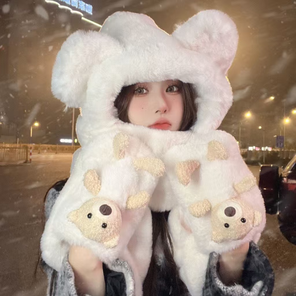 【成人福利款】卡通新款冬季加绒加厚防风护脸毛绒女围巾保暖帽