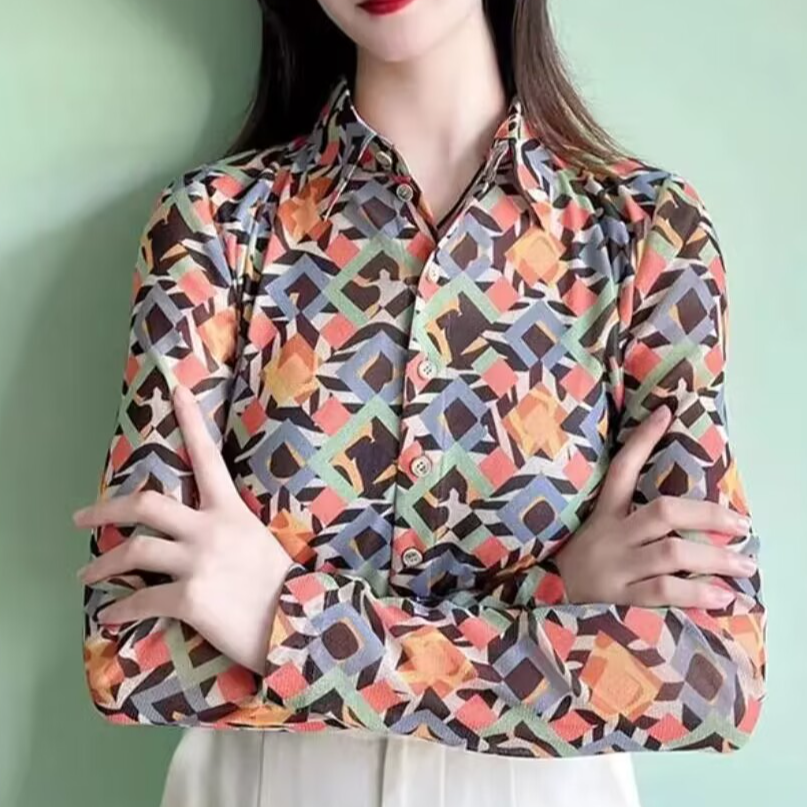 【商场同款】网红弹力网纱打底衬衫春秋季长袖翻领修身衬衣1300782