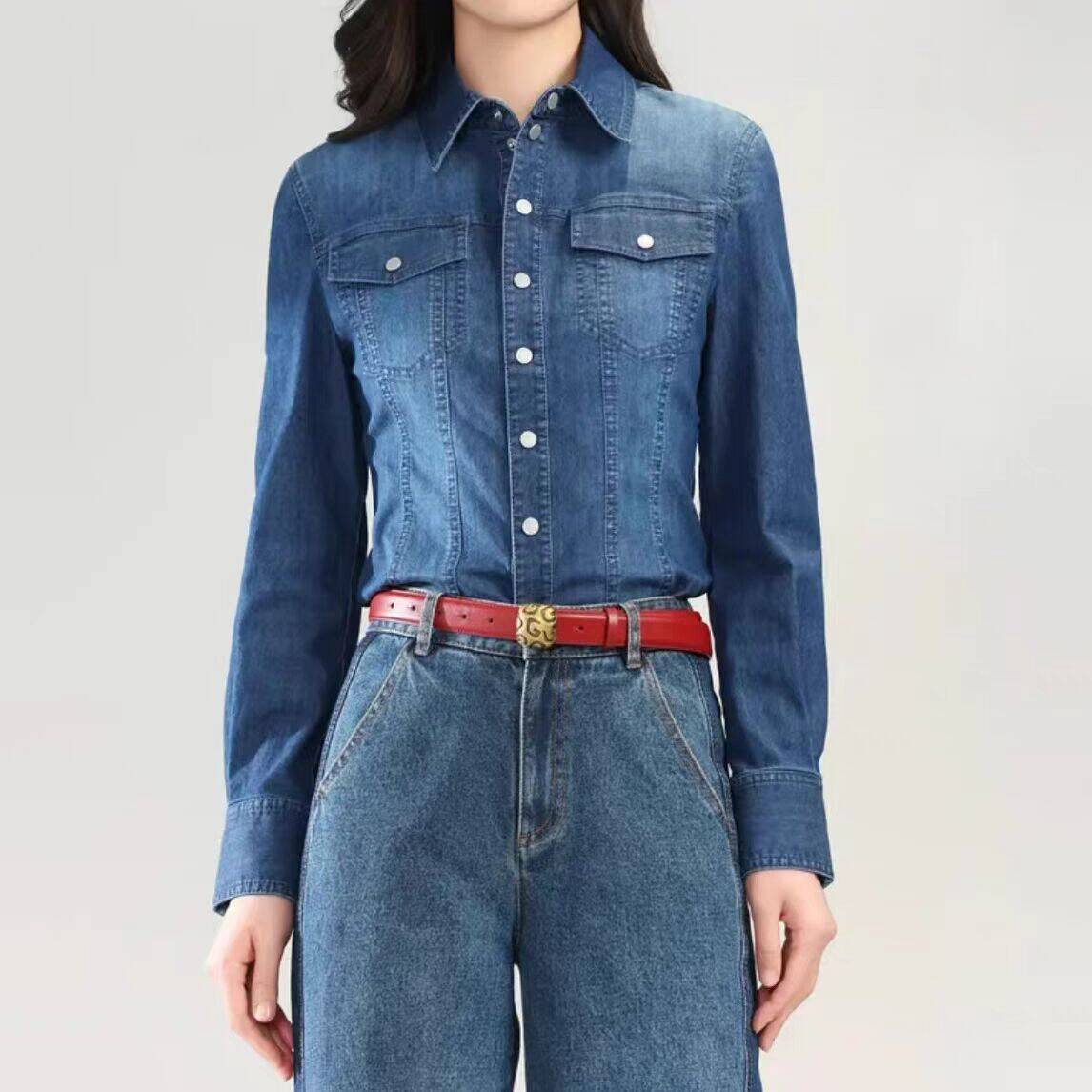 【商场同款】翻领牛仔衬衫新款时尚复古收腰上衣百搭长袖女1301061