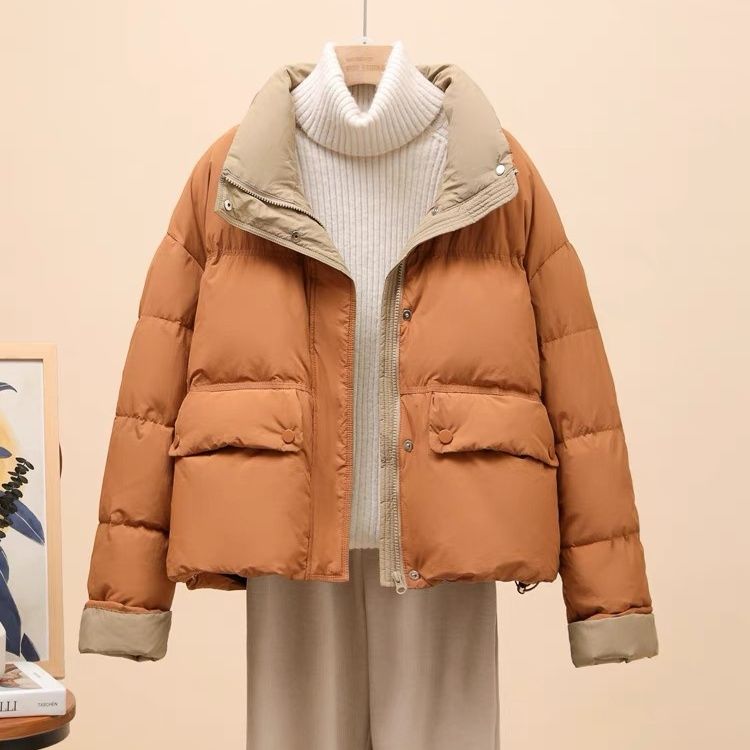 爆款2023冬季新款时尚韩系羽绒服女短款撞色加厚面包服小个子外套