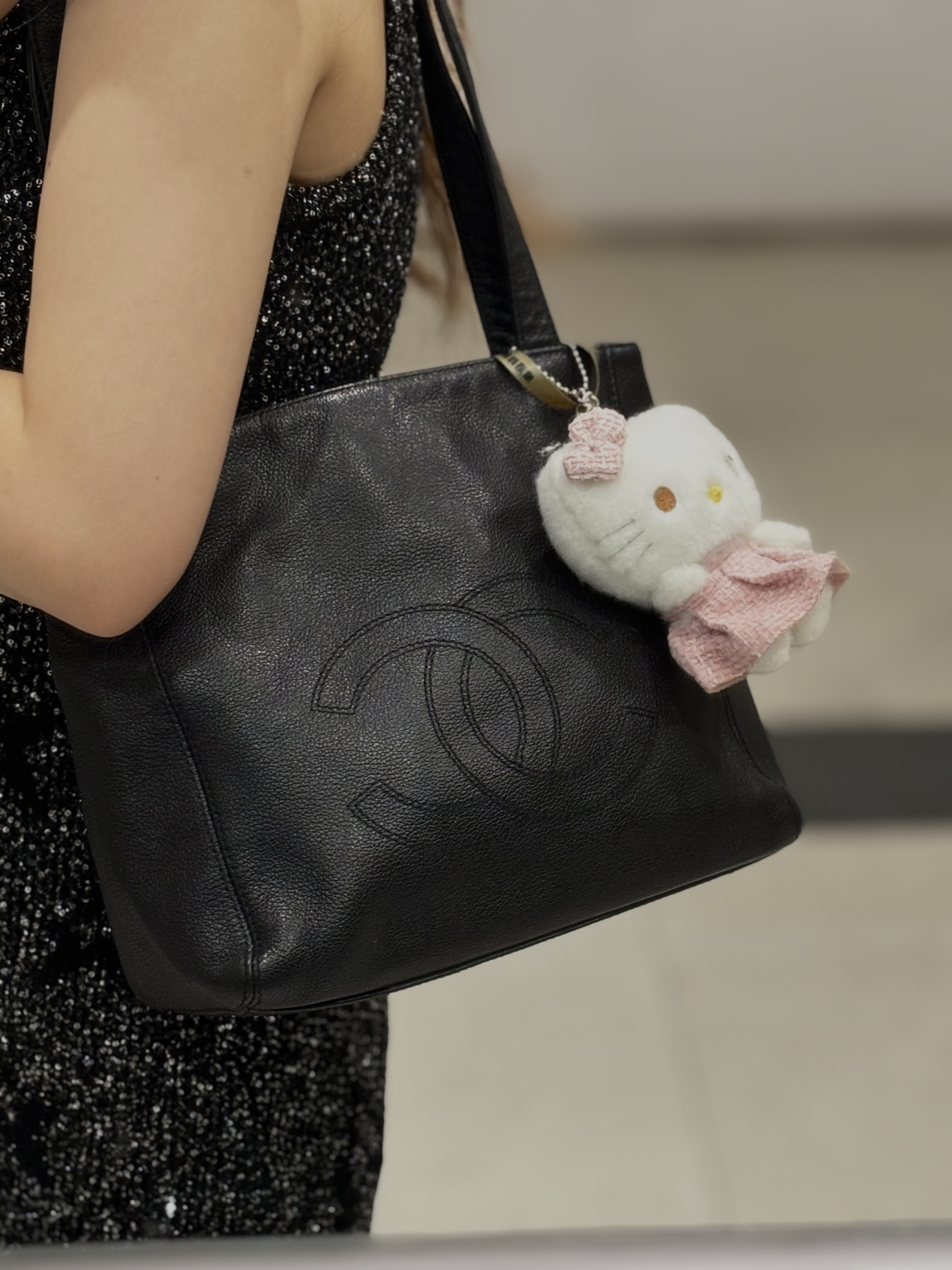 95新 Chanel/香奈儿 黑色全皮荔枝纹大双C托特单肩包