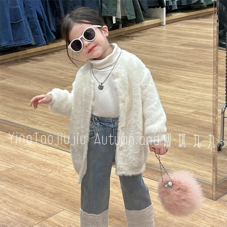 樱桃九九女小童冬季韩版新款软糯针织白白开衫毛衣套装休闲小香风