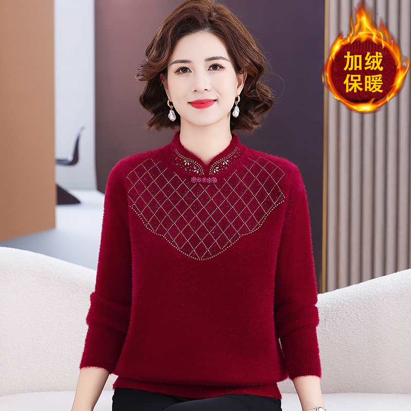 妈妈秋冬装一体绒国风旗袍领毛衣女保暖上衣中老年加绒加厚打底衫
