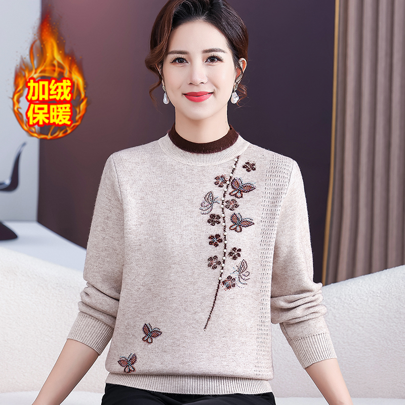 时尚妈妈冬季一体绒加厚毛衣新款中年女上衣服中老年女秋冬打底衫