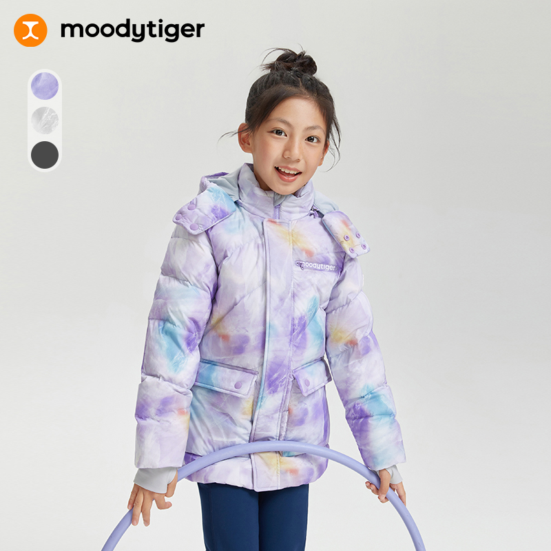 moodytiger【活动羽绒10】中长款印花加厚羽绒服连帽羽绒服【H】