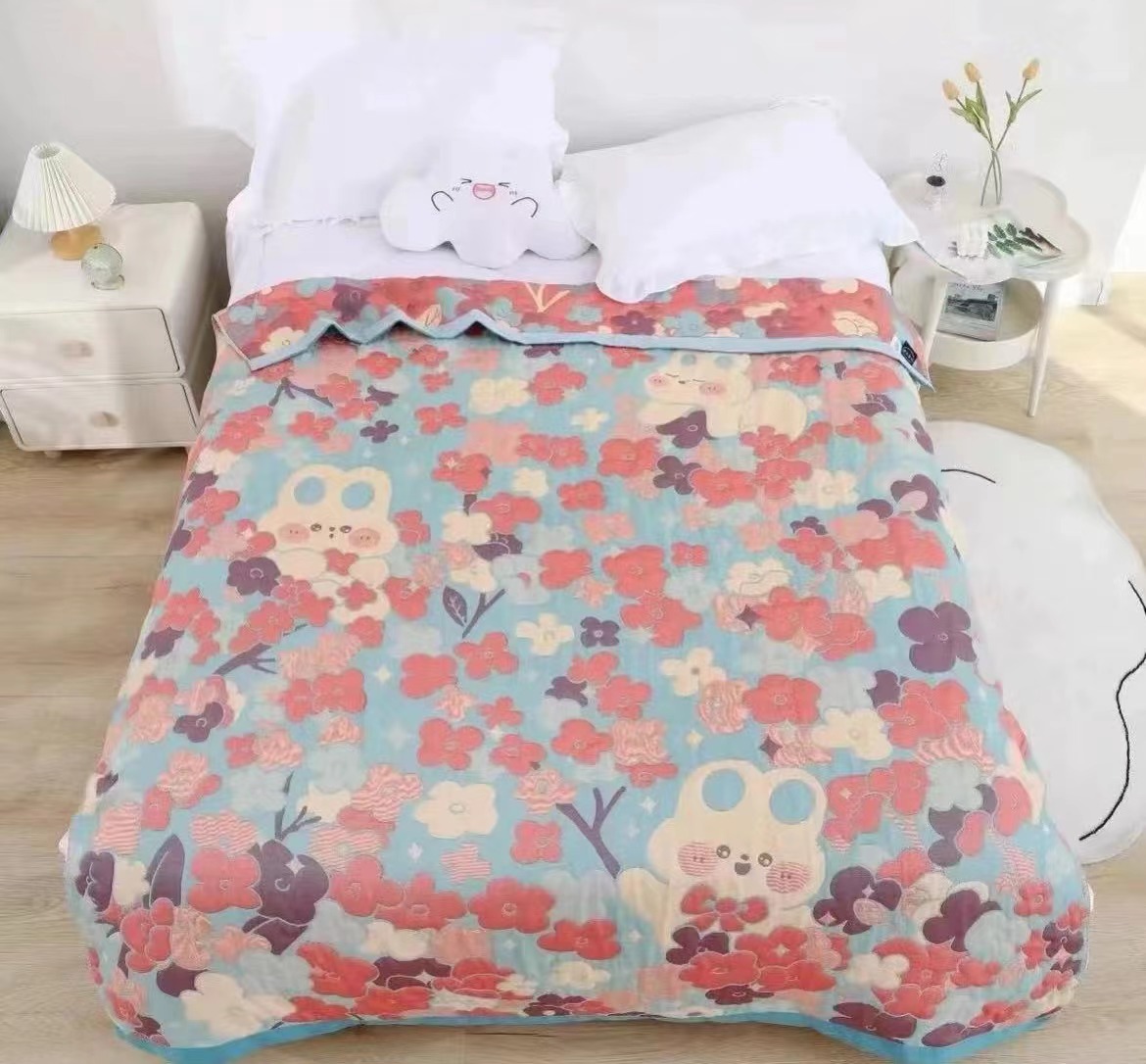 （花与兔）200*230cm 多层纯棉纱布床盖