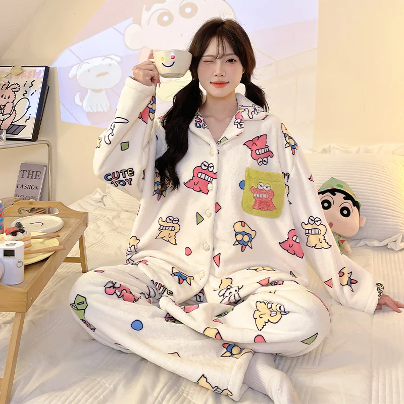 鳄鱼蜡笔小新秋冬季法兰绒加绒加厚保暖男女士卡通大码情侣家居服