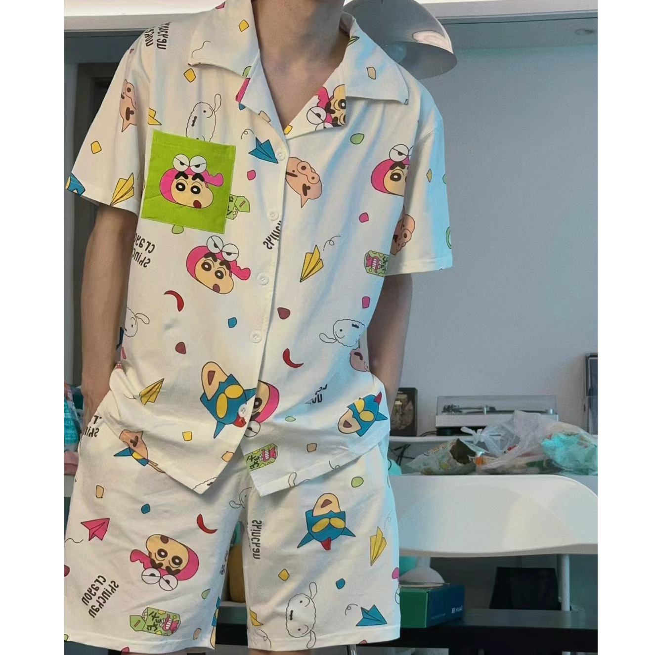 日系纯棉蜡笔小新情侣睡衣夏季短袖短裤翻领卡通印花男女生家居服