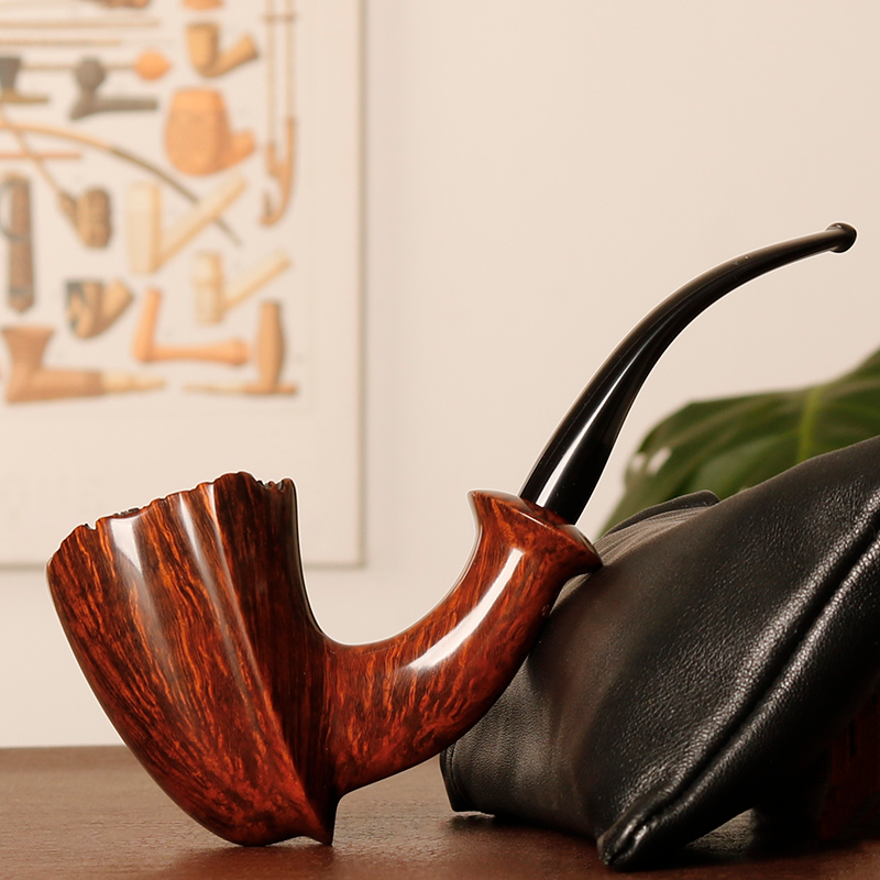 丹麦大师拉塞Lasse 光面自由式大弯 斗口瘤皮 手工石楠木烟斗