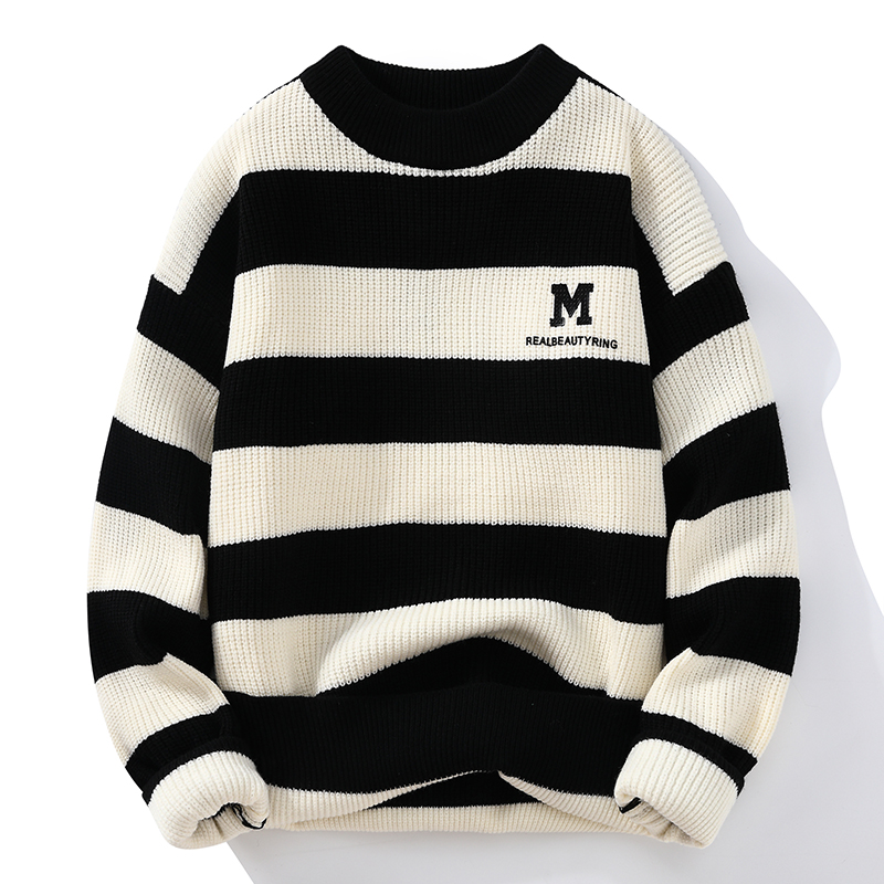 黑白条纹休闲百搭加厚保暖毛线衣2023新款秋冬圆领套头暖男毛衣潮