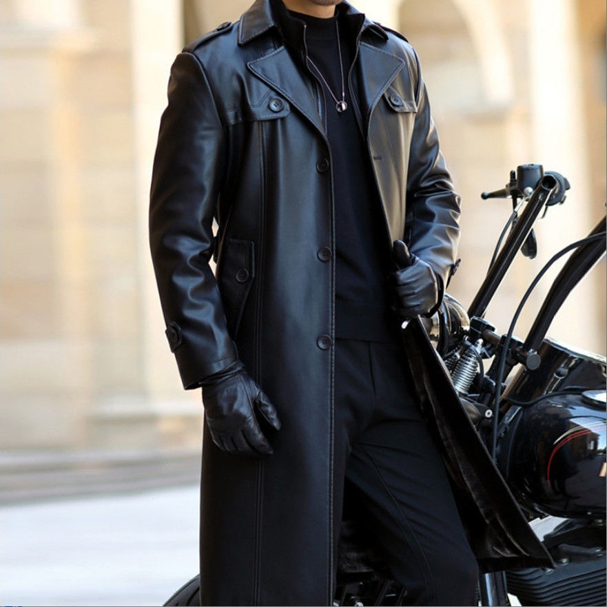 皮大衣男皮衣长外套潮加肥加大码超长款过膝皮风衣男爸爸外套加厚