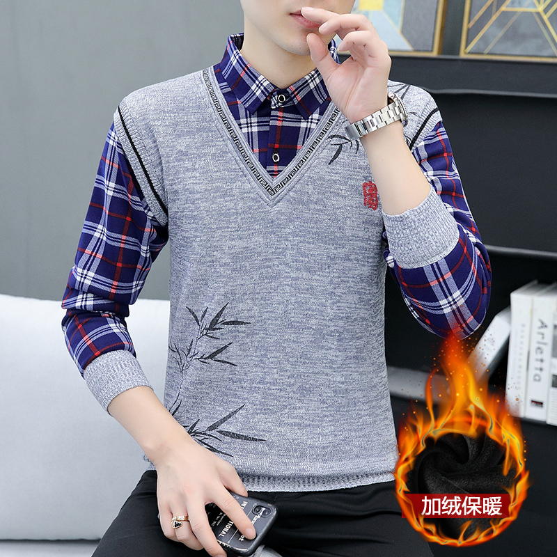 男士衬衫领假两件秋冬季加绒加厚线衣中青年针织衫打底衫保暖上衣
