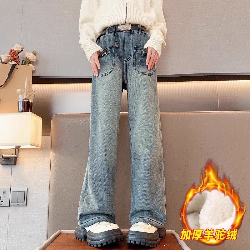 女童冬季加绒裤子2023新款女大童冬装加厚阔腿裤儿童一体绒牛仔裤