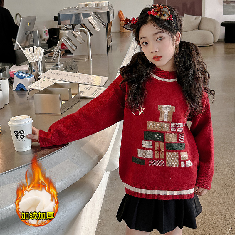 女童圣诞毛衣2023冬季新款儿童加厚针织衫保暖女孩套头上衣新年服