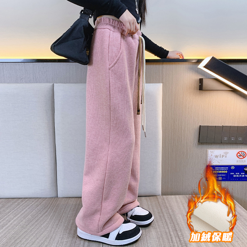 女童裤子秋冬装2023新款儿童加绒加厚雪尼尔阔腿裤中大童洋气长裤