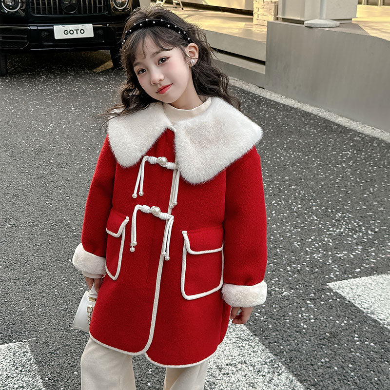 女童加绒外套2023新款秋冬季中大童加厚毛呢大衣儿童红色翻领衣服
