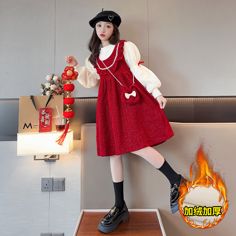 女童连衣裙2023圣诞新款儿童冬季加绒公主裙小女孩年服背带裙套装