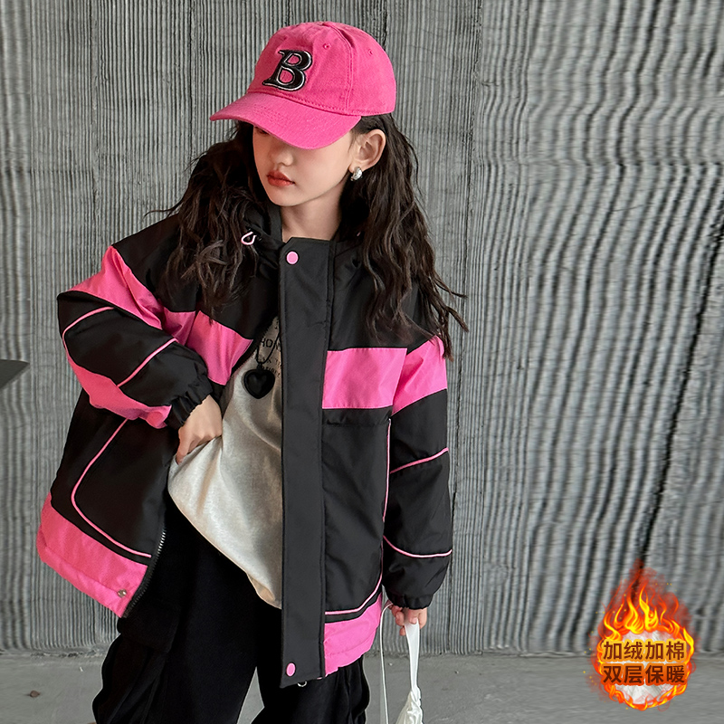 女童秋冬加绒外套2023新款大童派克服宽松冬装儿童加厚棉服外套潮