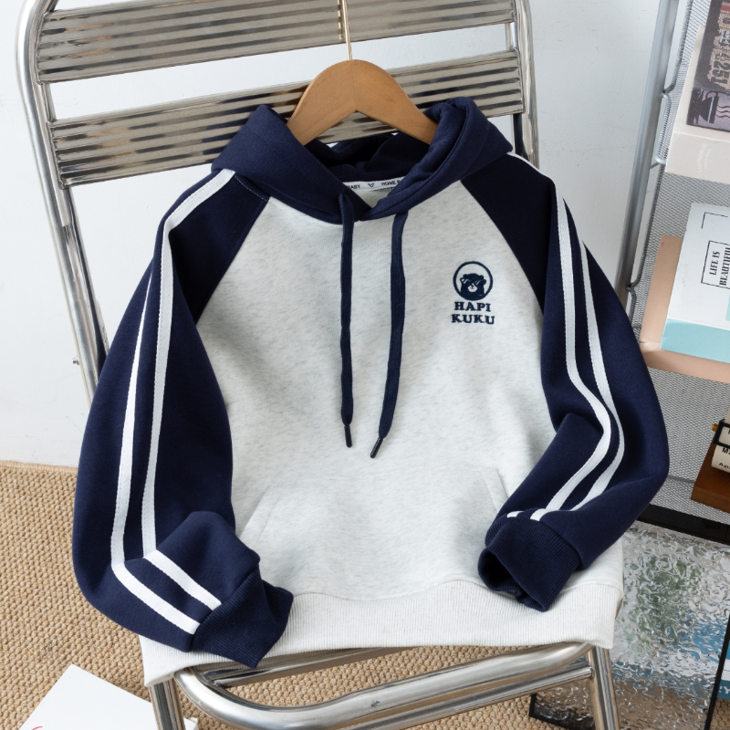 哈皮酷酷男童春秋拼色帽衫2025新款儿童中大童宽松休闲春装卫衣潮