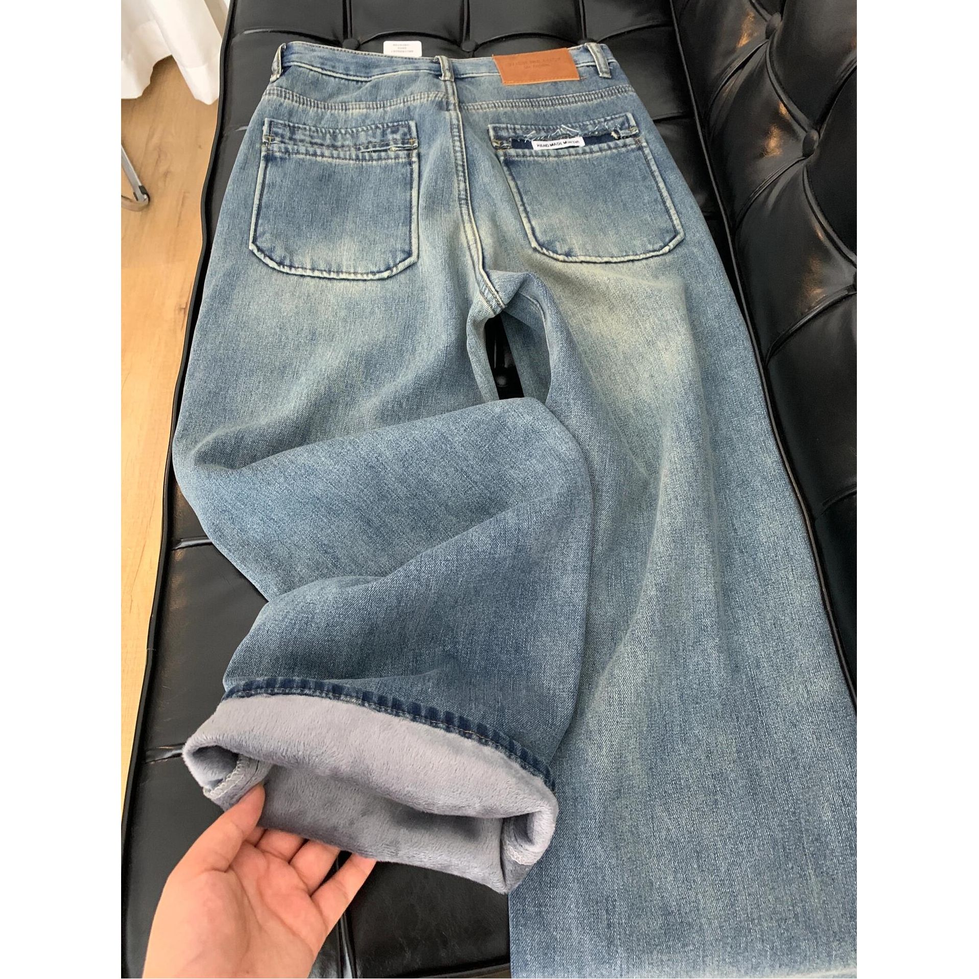 设计感宽松直筒牛仔裤女秋冬新款美式复古蓝色水洗窄版阔腿裤