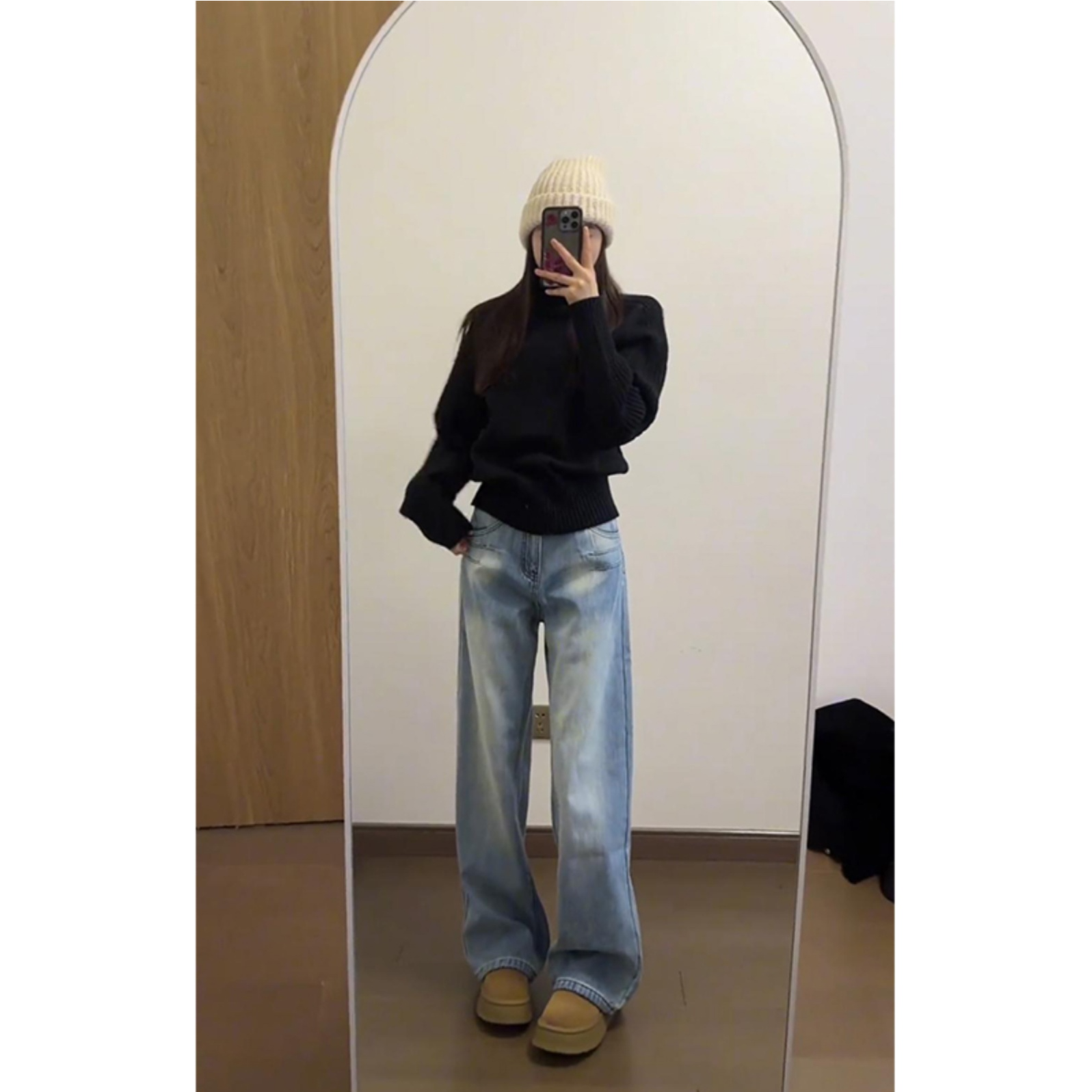 2025秋冬新款宽松显瘦阔腿裤高腰拖地绣花牛仔裤蓝色直筒裤女