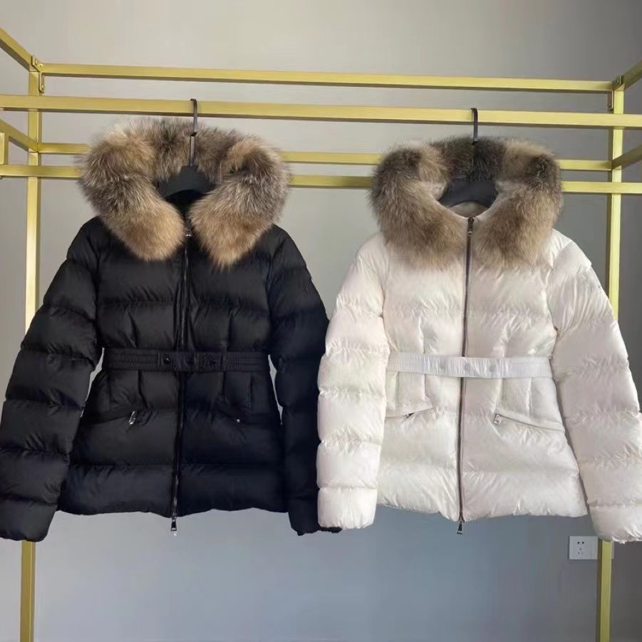 白鸭绒羽绒混纺狐狸毛领配腰带夹克气质名媛连帽外套