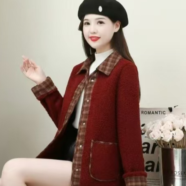 2024新款加绒外套冬季翻领妈妈装女士开衫颗粒绒外套时尚休闲百搭