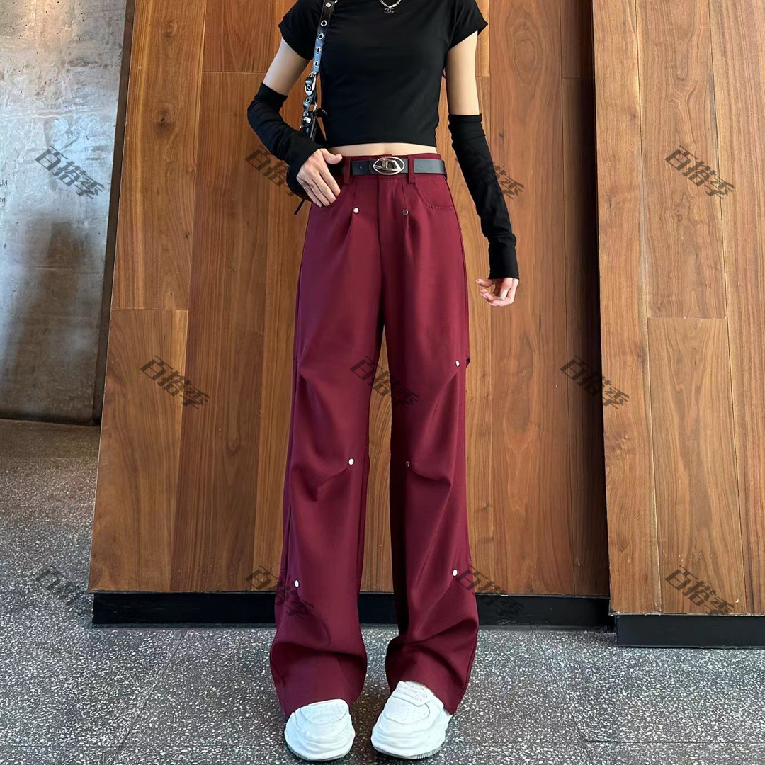 2023早秋新款显瘦个性设计感街舞高街美式修身直筒高腰裤子含腰带