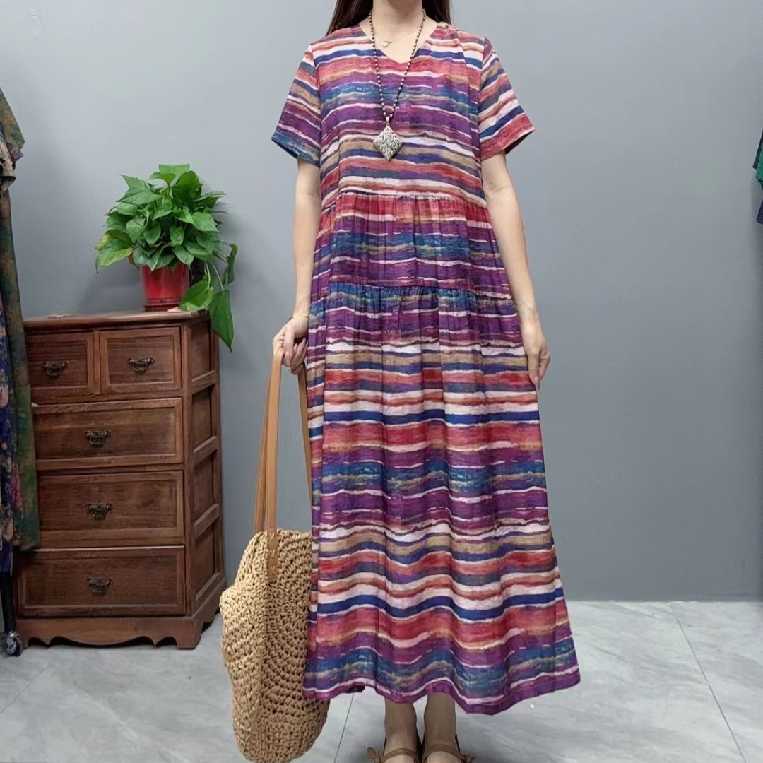 3320夏季新款显瘦时尚印花洋气V领复古百搭休闲蛋糕裙女装连衣裙